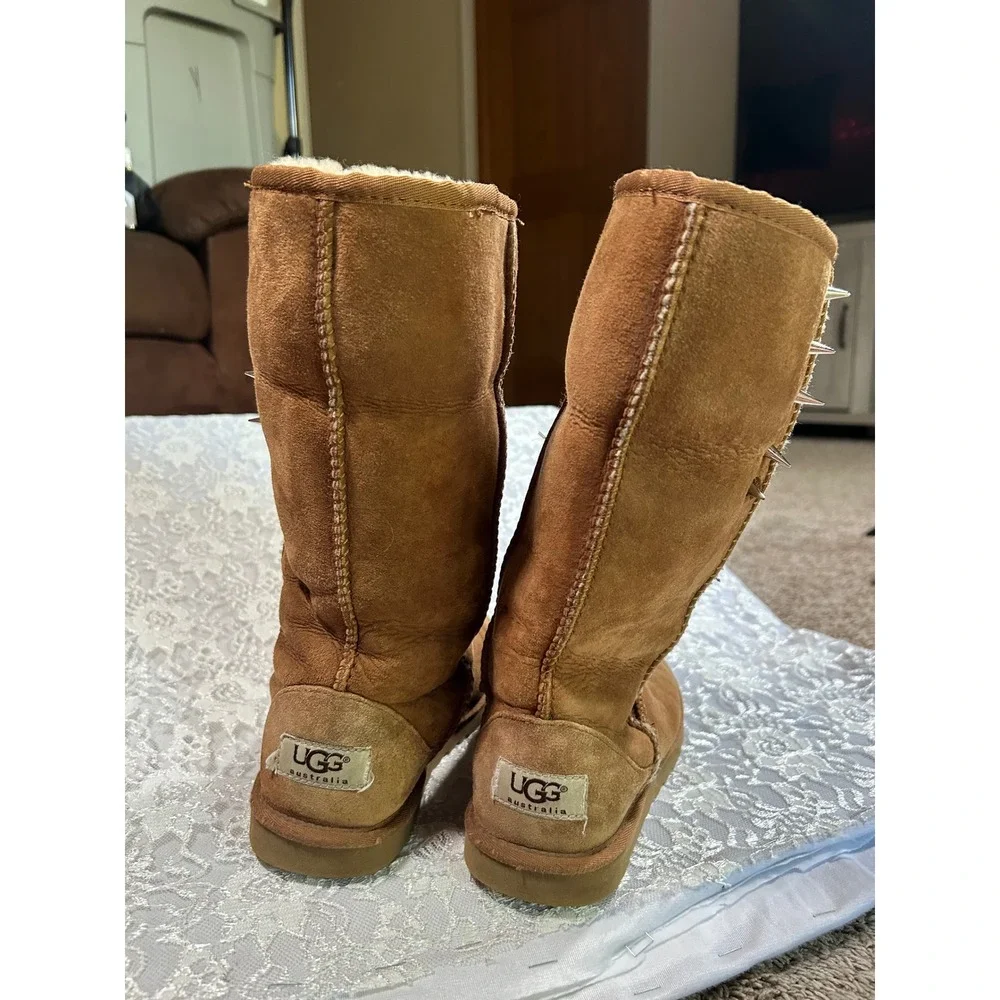 UGG Spiked Tan Tall Sheepskin Boots 5 Punk Edgy Grunge Handmade Y2K Boho